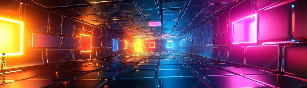 Poster 3d abstract tunnel with squares
