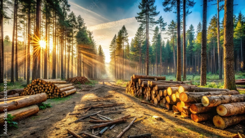 Poster Sunbeams illuminate a forest clearing where stacks of freshly cut logs lie in wait for their next journey