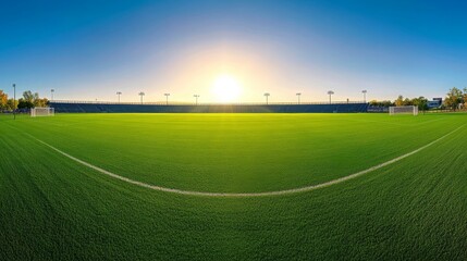 Obraz premium Sunny Soccer Field Panoramic Stadium View Green Grass Goalposts