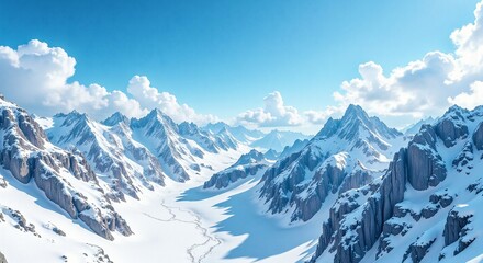 Majestic snow-covered mountain peak under a clear blue sky, Sharp mountain peak with snow and fluffy clouds