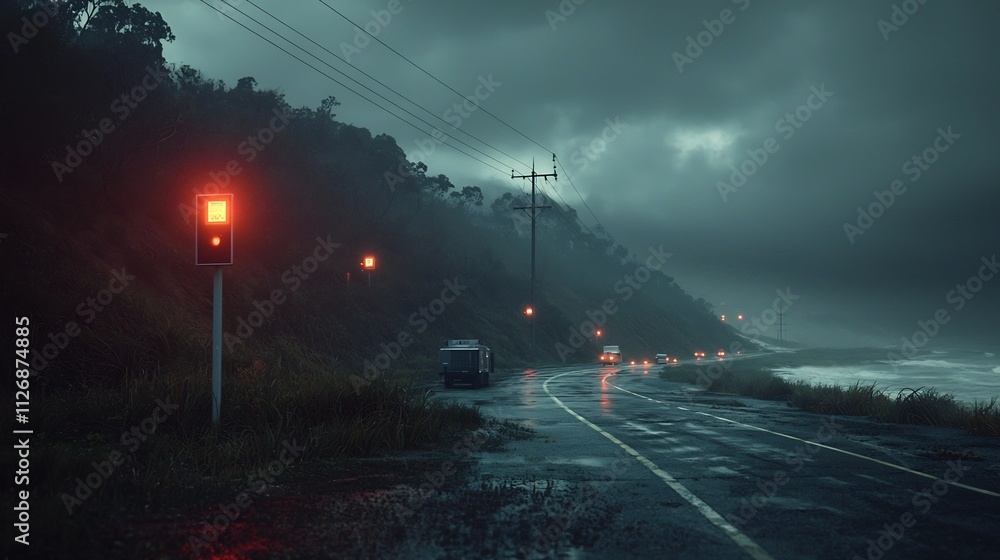 Poster a photograph depicting a sophisticated tsunami warning system installed along a coastal area the sys