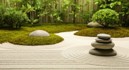 Serene zen garden with raked sand balanced stones
