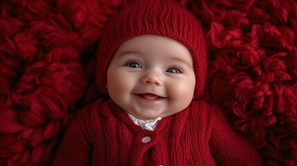 A baby wearing a red hat and a red sweater is smiling. The baby is laying on a red blanket