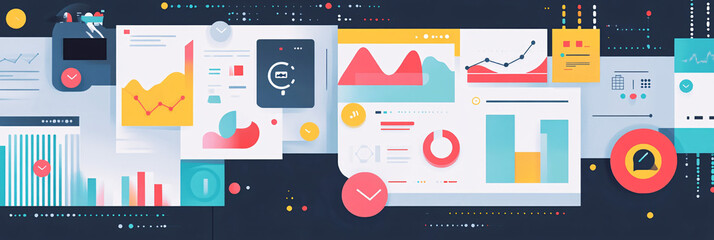 Illustration of a digital marketing dashboard, with charts, social media icons, and analytics tools in a modern, minimalist design. 