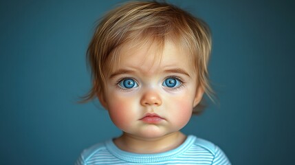 A baby with blue eyes and blonde hair is standing in front of a blue wall. The baby has a blue shirt on and is looking at the camera