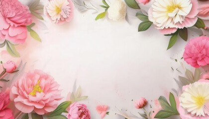 Fototapeta premium Elegant Pink and White Peonies Floral Border with Lush Greenery and Soft Beige Background, Perfect for Mother's Day Cards, Holiday Invitations, or Spring Themed Designs with Ample Copy Space