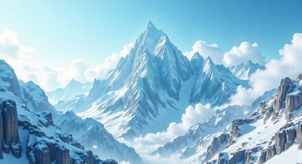 Majestic snow-covered mountain peak under a clear blue sky, Sharp mountain peak with snow and fluffy clouds