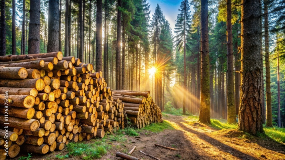 Poster Sunlight streams through a dense forest, illuminating a pile of cut logs resting on the forest floor.