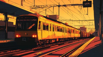 A yellow commuter train arrives at a station during a vibrant sunset.