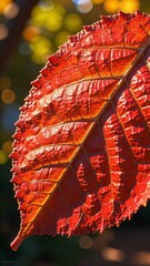 red autumn leaves, Serene nature scene with dew drops and sunlight on grass