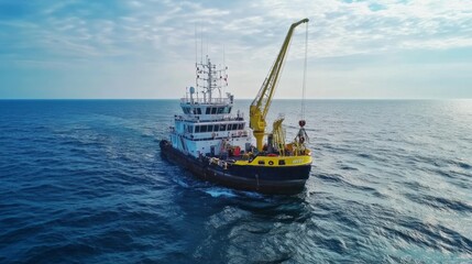 A yellow crane vessel sails on a deep blue ocean under a cloudy sky.