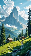 landscape in the mountains, Alpine landscape featuring a rugged path and dramatic light on the peaks