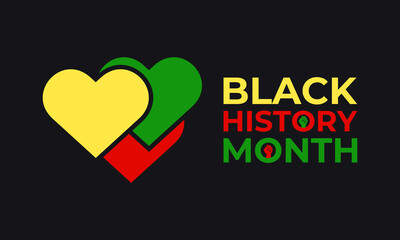 Vector graphic of African-american black history. Human hands holding colorful heart celebrating yellow green colors over black background. Design for cards, prints, social media, poster, flyer.