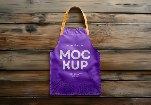 Apron Mockup on Wooden Background &ndash; Realistic Kitchen or Craft Branding Template for Cooking Classes, Cafe Uniforms, or Handmade Product Presentations
