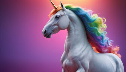 Majestic Unicorn With Rainbow Mane Against a Vibrant Background at Sunset