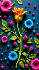 red and yellow tulips, Vibrant floral arrangement with colorful flowers and leaves on a blue background