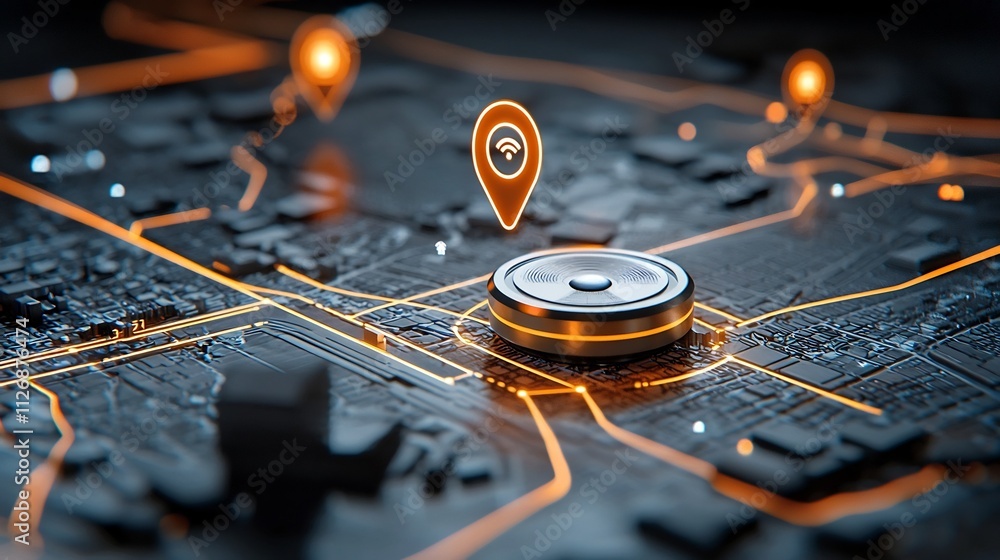 Poster glowing evacuation route map with real time network icons and alerts providing essential information