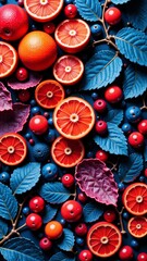 Artistic composition of vivid flowers and foliage on a textured blue background