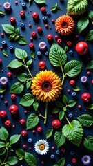 Ornamental flower and foliage composition with rich colors on a dark blue background