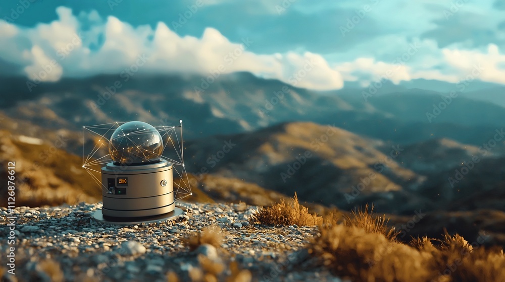 Poster futuristic weather monitoring station on a remote mountaintop visualized with holographic network li