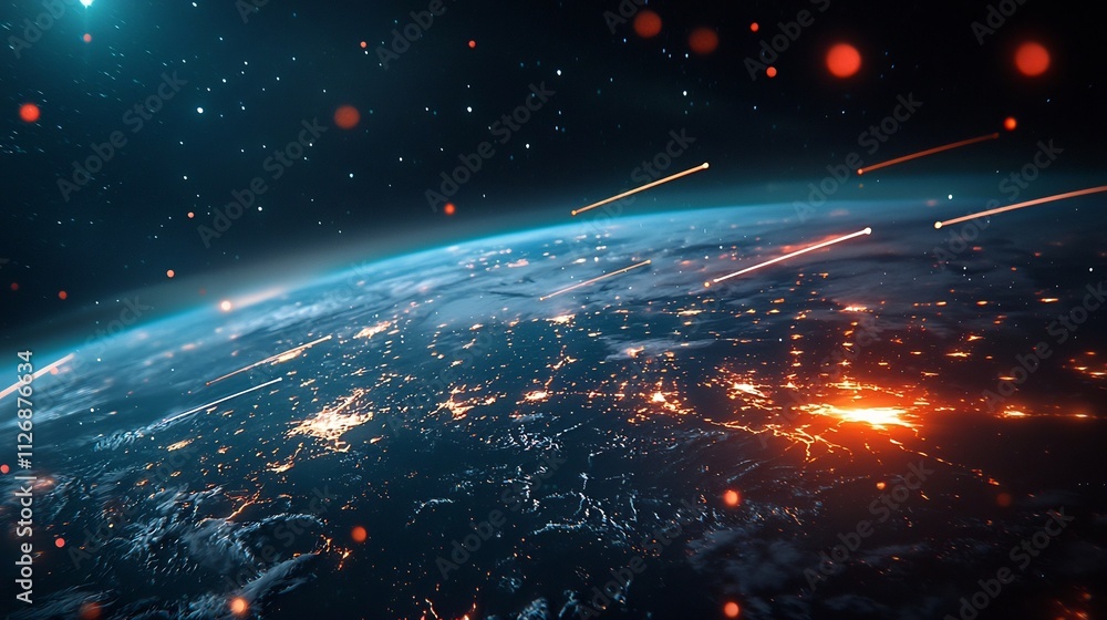 Poster satellite transmitting emergency broadcast signals with holographic visualization of earth and space