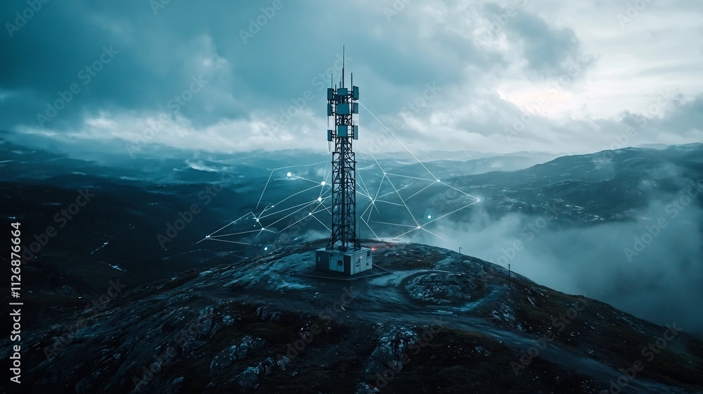 Poster a photograph of a high tech weather monitoring station situated on a remote mountaintop visualized w