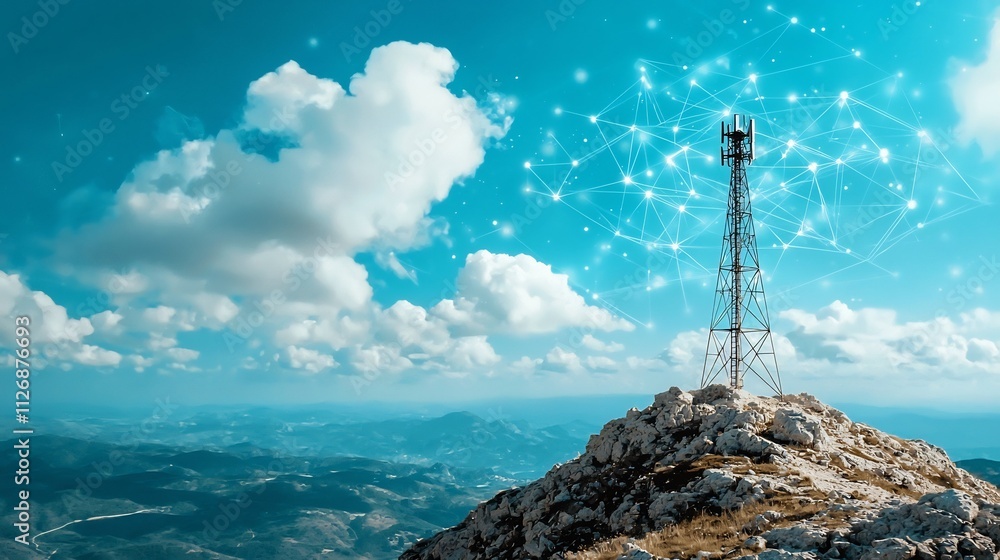 Poster a photograph of a weather monitoring station situated on a remote mountaintop visualized with hologr