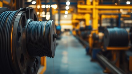 Obraz premium Industrial Wire Spool in a Manufacturing Facility with Machinery in Background, Showcasing Modern Production Environment and Equipment Maintenance