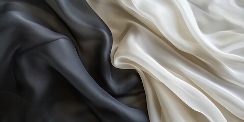 Fototapeta premium Flowing silk fabric in charcoal and ivory, natural light, subtle shadows, gray gradient background, room for text.