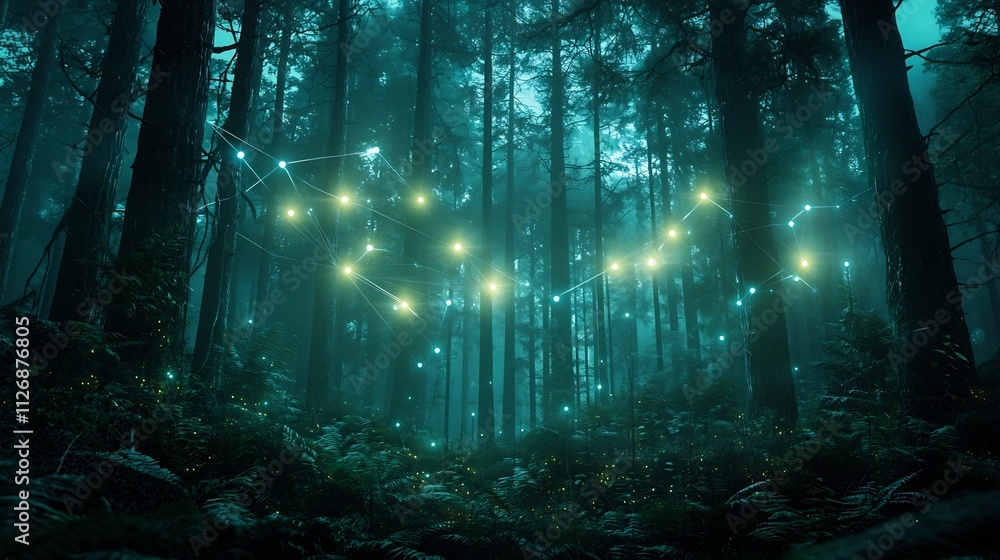 Poster photograph of a smart sensor installed in a forest connected to a glowing network transmitting envir