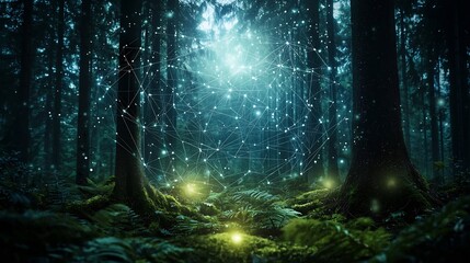 Smart sensor device installed in a lush forest landscape connected to a glowing network transmitting real time environmental data for monitoring and analytics