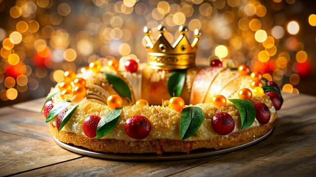 Festive king's cake with bokeh lights: rotation sequence of rosca de reyes dessert celebration