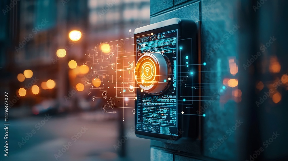 Poster photograph of an air monitoring device installed in a city connected to a glowing digital network ov