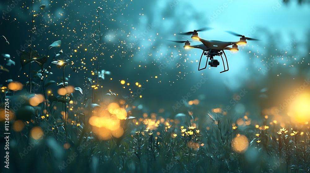 Poster drone surveying agricultural fields with glowing network data visualization for precision farming in