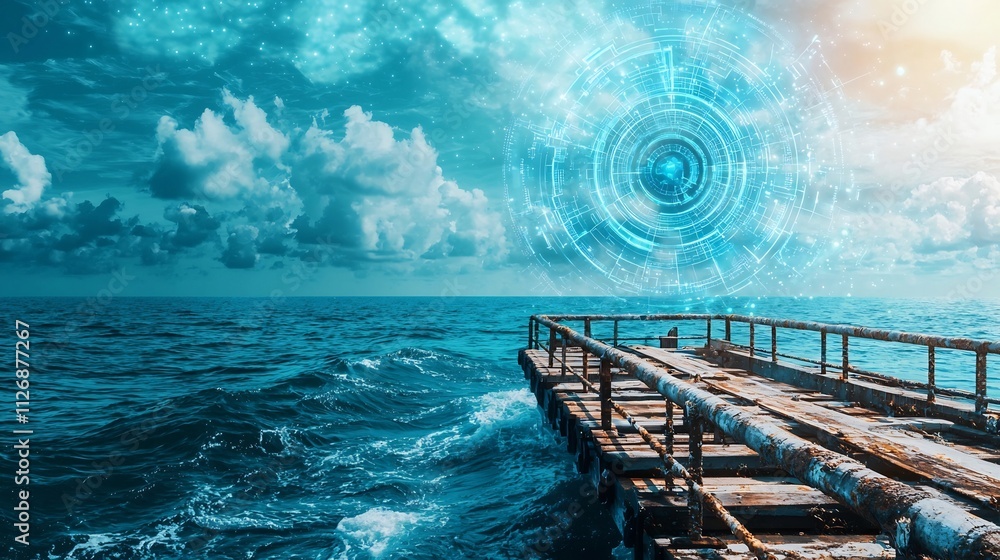 Poster coastal water monitoring station with holographic network overlays transmitting real time data leavi