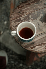 coffee cup glass with arabica coffee filter filling. top view