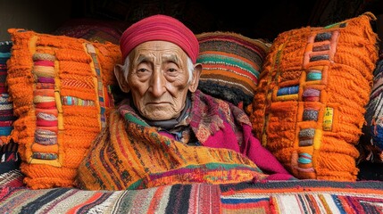 A man wearing a red hat and sitting on a bed with orange pillows. The pillows are colorful and have a striped pattern. The man is in a relaxed and comfortable mood