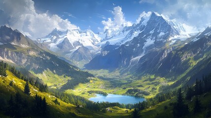 Majestic Alpine Valley Snowcapped Peaks Serene Lake