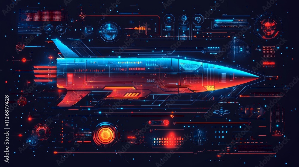 Poster futuristic rocket design with digital interface elements and vibrant neon colors.