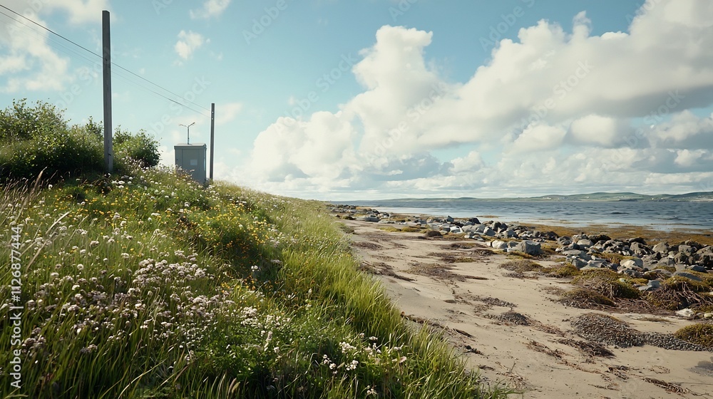 Poster coastal water monitoring station with holographic network overlays transmitting real time data on wa