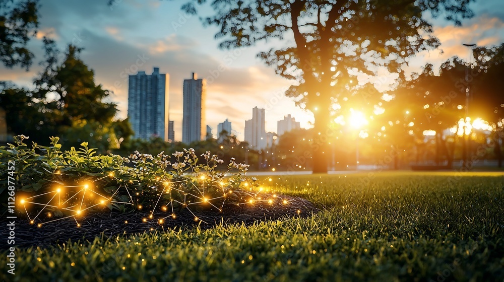 Poster futuristic smart city park with an integrated network of environmental sensors visualized through gl