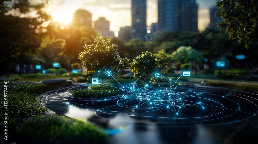 Poster smart city park with integrated environmental sensors and glowing network connections visualization 
