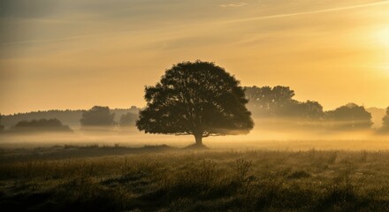Golden sunrise misty solitary tree in pastoral field