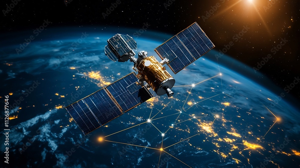 Poster satellite in orbit collecting and visualizing environmental data across connected global networks po