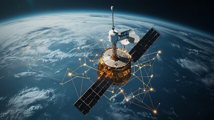 Obraz premium Satellite in Orbit Collecting Environmental Data Visualized with Glowing Network Connecting Earth and Space for Scientific Research and Analysis