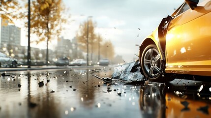 Damaged Car Accident Scene City Street Crash Wreckage Insurance