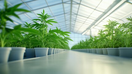 Fototapeta premium Greenhouse Cannabis Cultivation Rows of Thriving Marijuana Plants