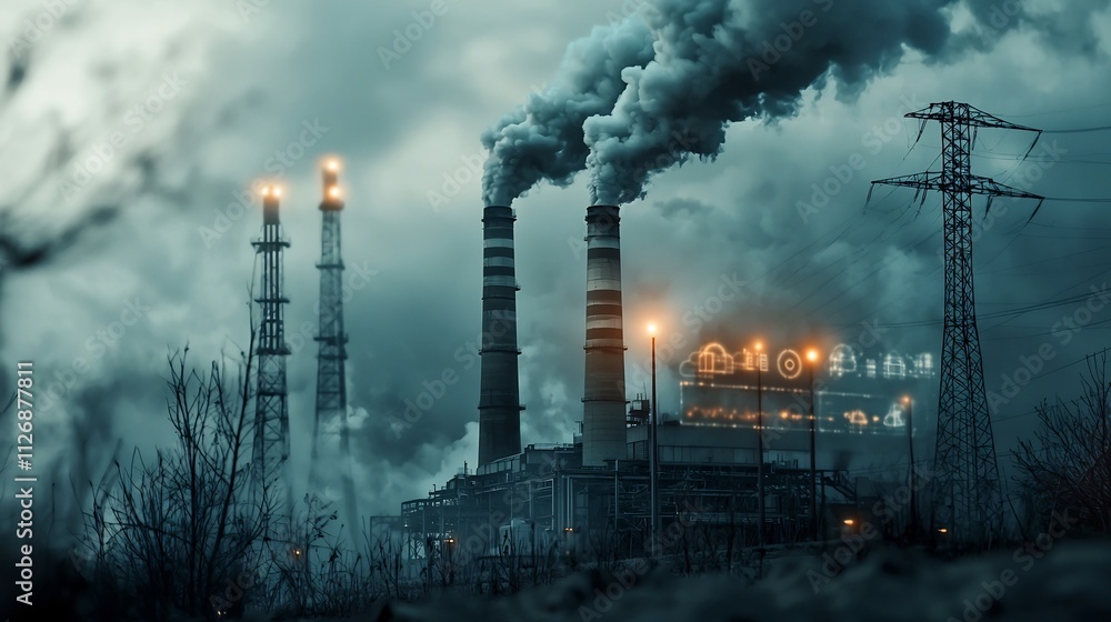 Poster aerial photograph showcasing a futuristic industrial landscape with a holographic network overlay di
