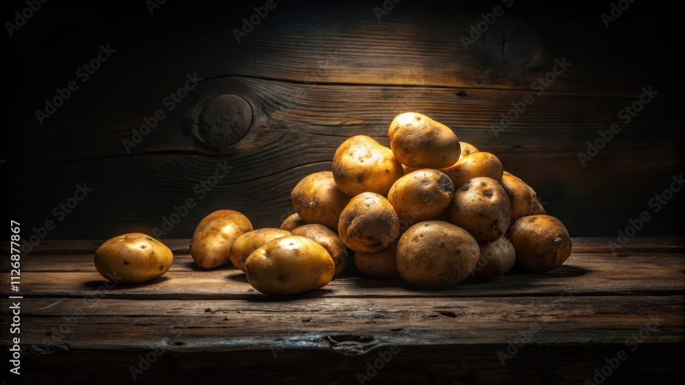 Poster a pile of potatoes sitting on a wooden surface with a single spotlight illuminating the scene from a