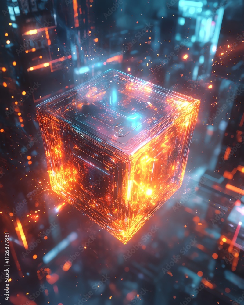 Poster abstract 3d rendering of a flying cube